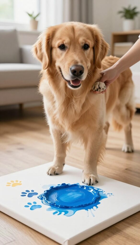 Dog creating paw print art on canvas with colorful paint