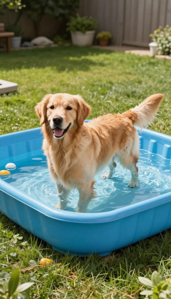 Golden retriever cooling off in a shallow kiddie pool in a sunny backyard