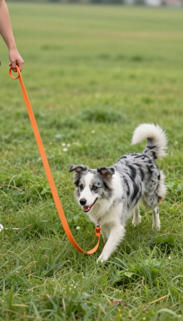 Person holding a long training leash with a dog sniffing in a sunny field, illustrating reliable recall training.