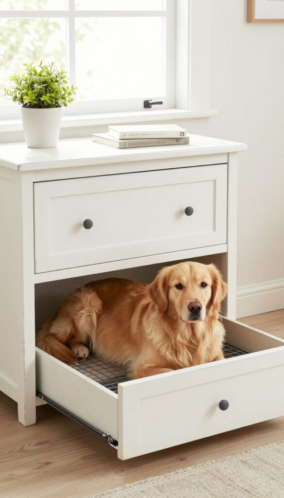 Dog resting in a repurposed dresser hidden dog crate in a bright living room