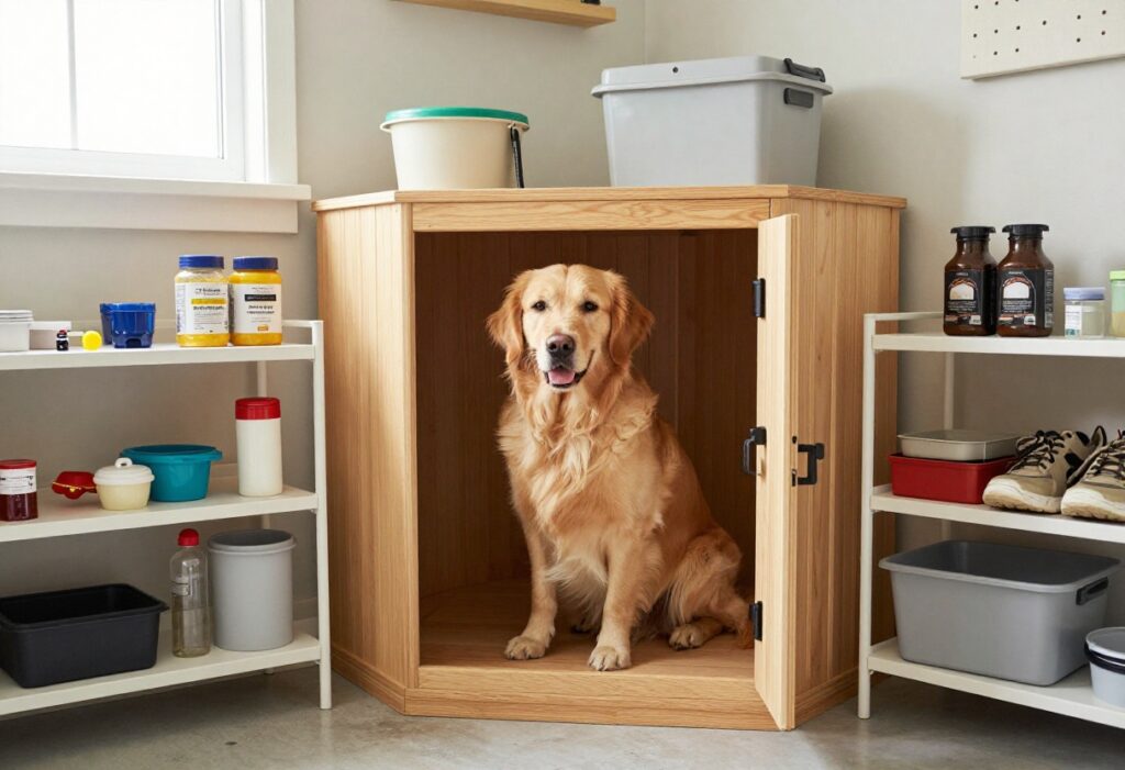 Garage dog kennel with built-in crate and organized storage shelves