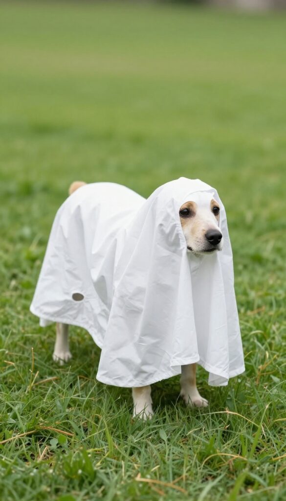 Dog wearing a simple no-cut ghost sheet costume, standing on grass in bright daylight.