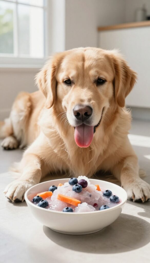 Golden retriever licking frozen treats from a bowl on a kitchen floor