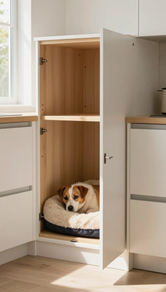 A dog resting inside a kitchen cabinet that has been converted into a cozy crate, showcasing a hidden dog area in a small home.