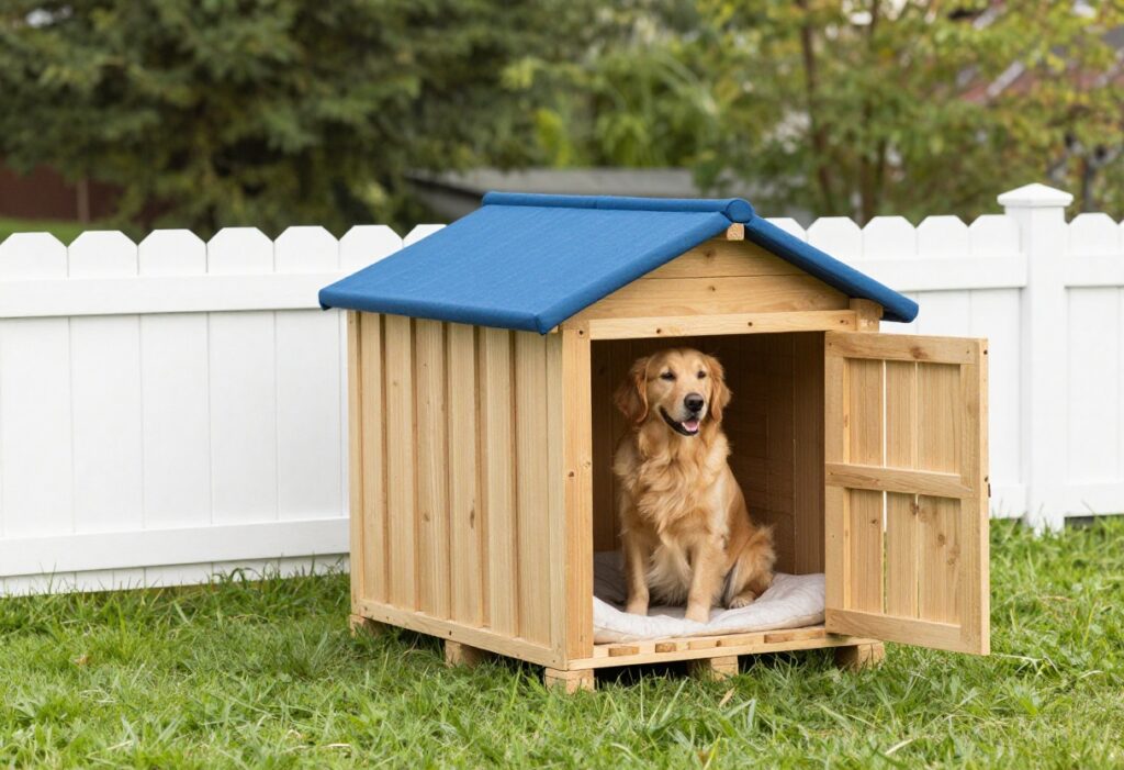 DIY pallet dog kennel with shade canopy in a small yard, golden retriever sitting inside