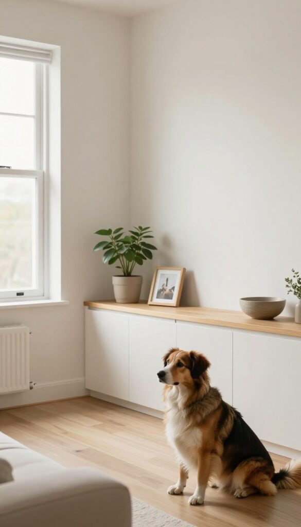 Dog crate with a wooden ledge shelf on top displaying a plant, photo, and bowl in a bright living room