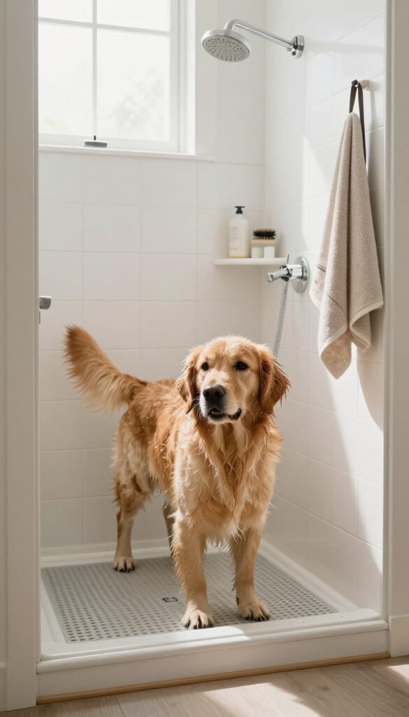 A built-in dog shower in a mudroom, with a golden retriever being rinsed off using a handheld sprayer.