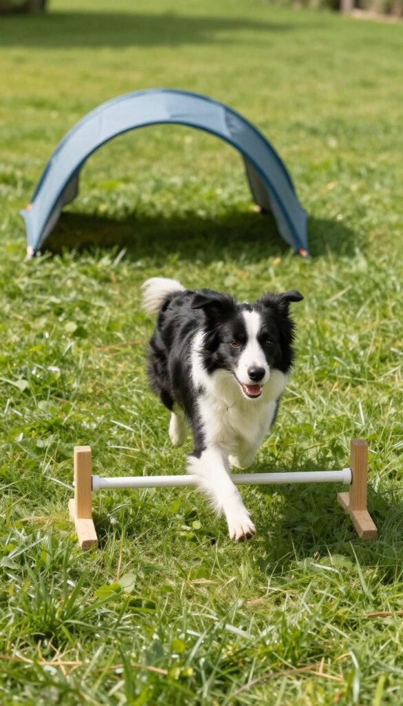 Dog jumping over a low hurdle in a backyard obstacle course with a tunnel in the background.