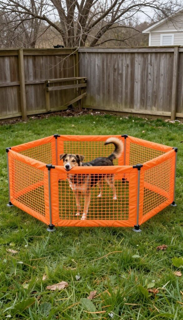 Backyard temporary dog run made of snow fencing with a dog inside
