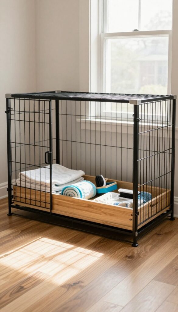 Elevated dog kennel with built-in shallow drawers underneath, organized with towels and supplies, in a bright clean room.
