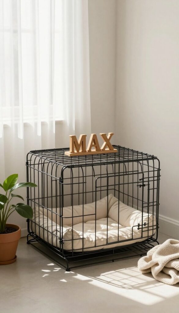 Dog crate with personalized wooden name sign on top in a cozy living room