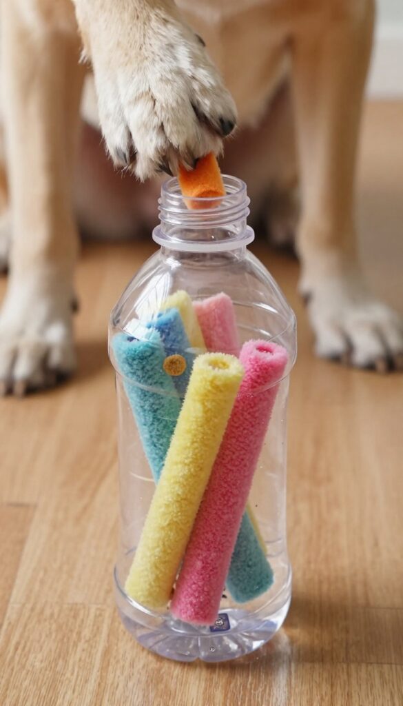 Dog pulling fabric strips from a kibble-stuffed plastic bottle on a wooden floor