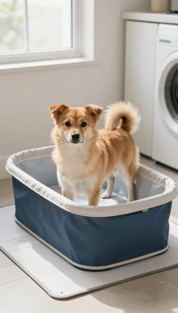 A dog standing in a collapsible tub on a waterproof mat in a bright laundry room, illustrating a portable dog wash station.