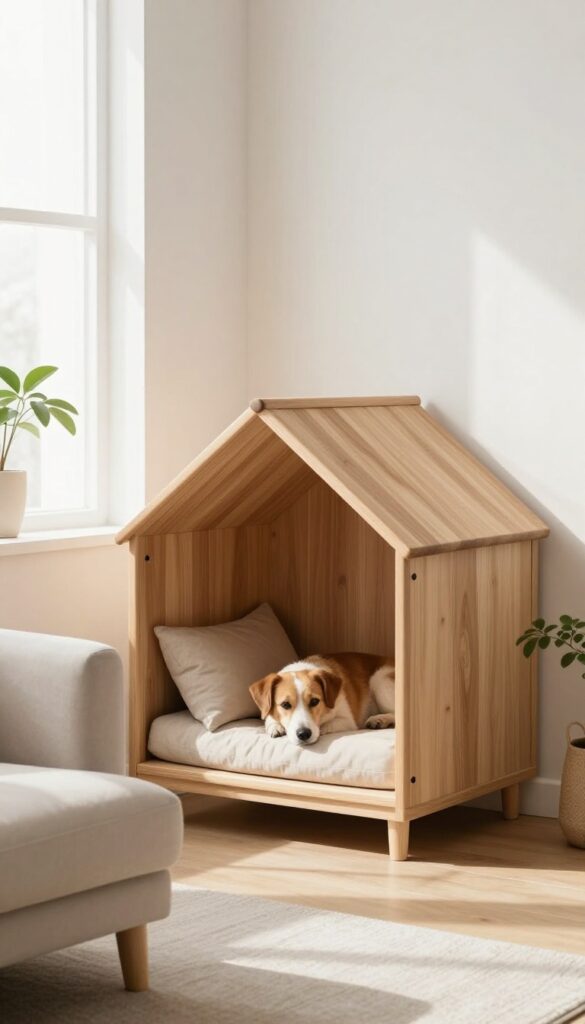 Stylish indoor doghouse matching decor in bright cozy living room