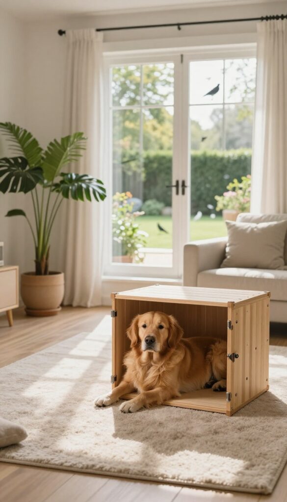 Dog in a window-facing kennel looking outside at a garden