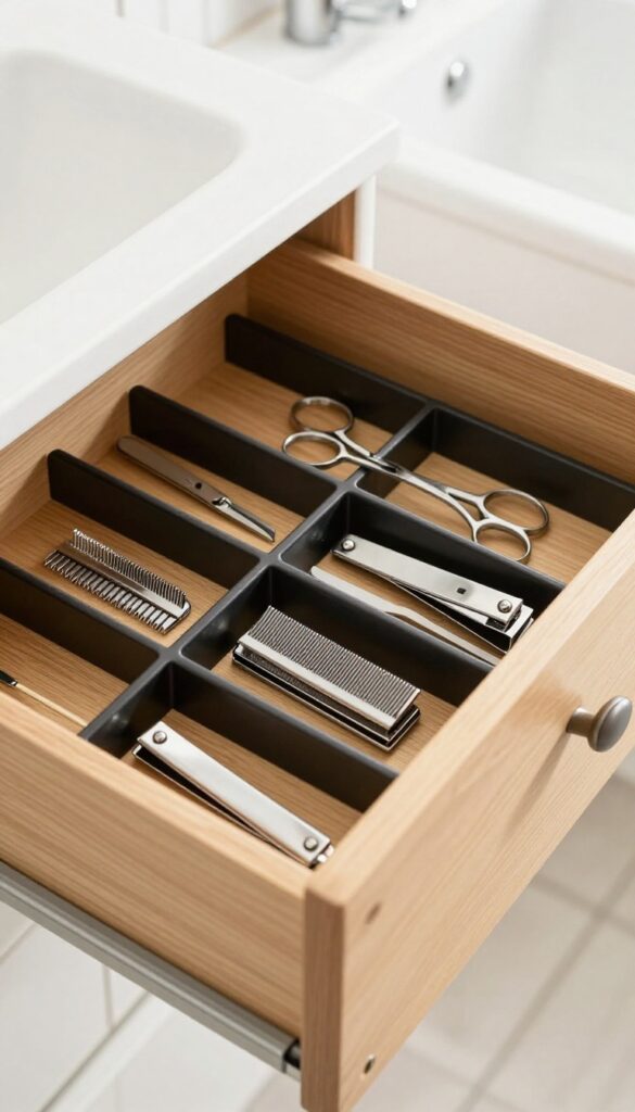 Open drawer with adjustable dividers organizing dog grooming tools like nail clippers, dematting rake, and thinning shears in neat compartments.