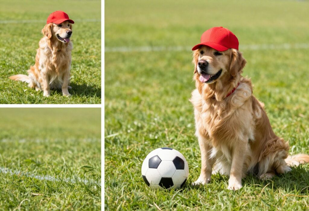 Golden retriever in sporty collar and baseball cap on grass with soccer ball