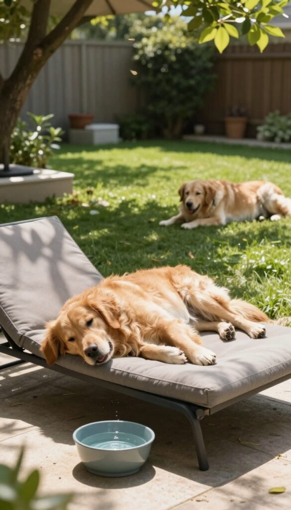 Shaded lounging area for dogs at a backyard birthday party, with umbrella, dog bed, and water bowl