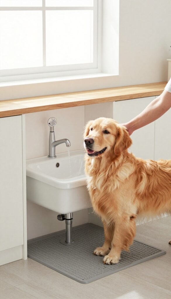 Dog standing in a shallow sink paw washing station in a bright mudroom, with a person rinsing its paws using a handheld sprayer.