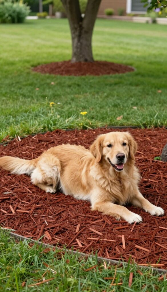 A golden retriever resting on a bed of cedar mulch in a tidy backyard, with flower beds and a tree in the background.