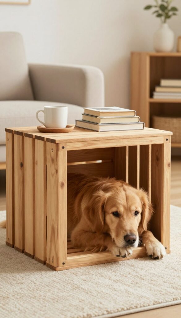 Dog crate disguised as wooden end table with lamp and books in bright living room