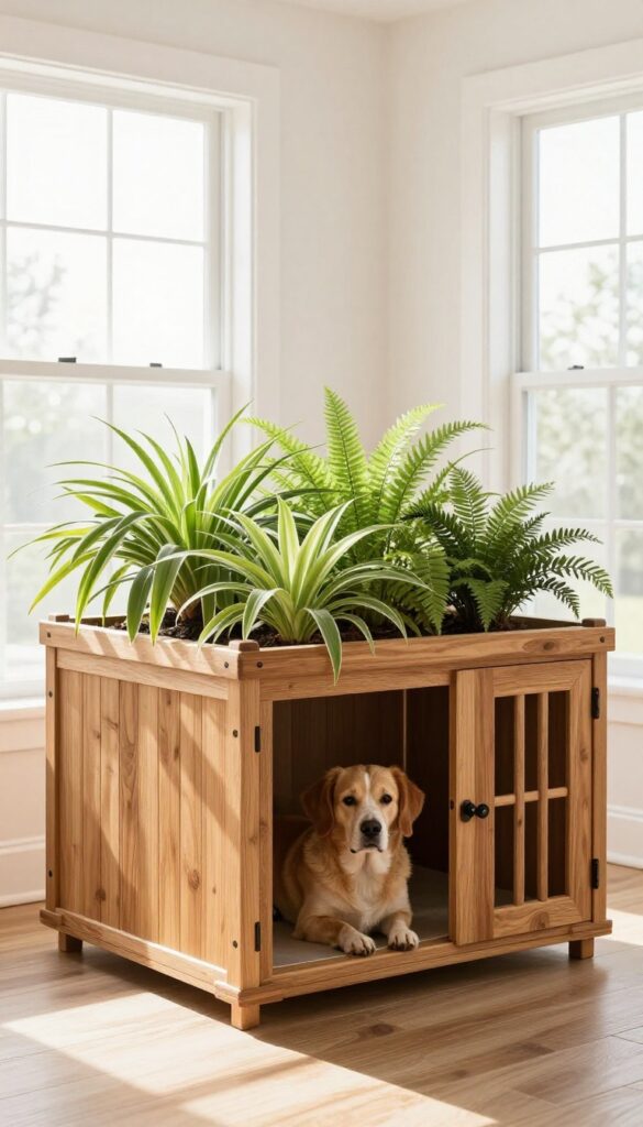 Wood dog crate with built-in planter filled with greenery in a sunny living room
