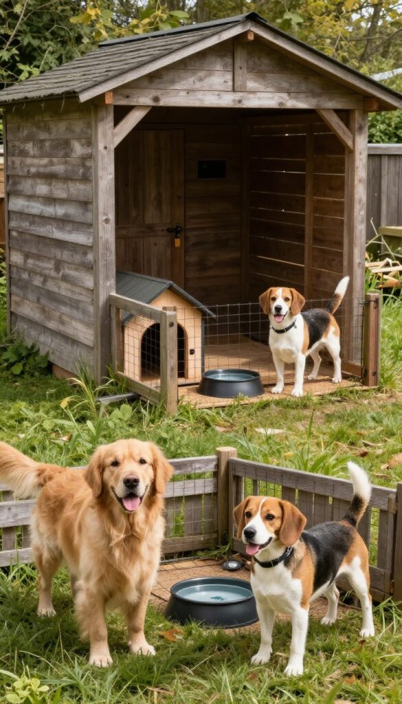 Multi-dog shed with separate runs in a sunny backyard, each dog in its own space