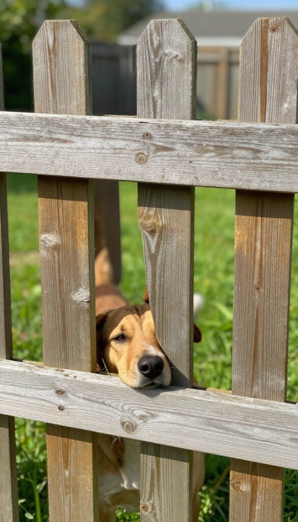 A dog inspecting a loose board in a wooden fence, highlighting a potential escape route in the backyard.