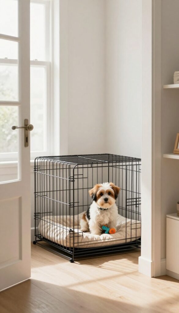 Dog crate hidden inside a closet or nook, creating a private den-like space for the dog.