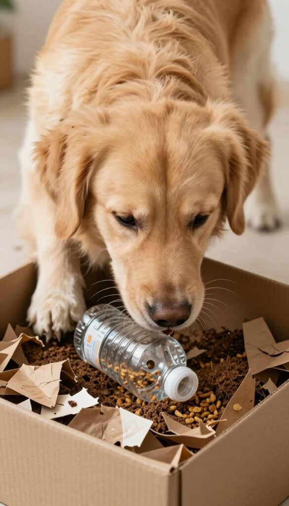 Golden retriever digging in cardboard box with crumpled paper and a plastic bottle filled with kibble