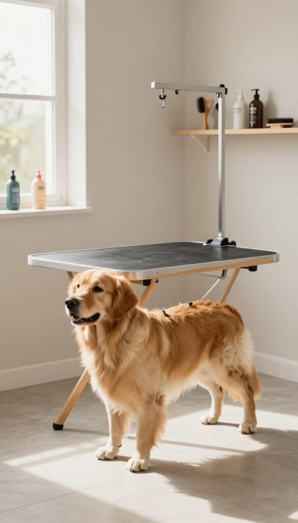 Wall-mounted fold-down grooming station with a dog on the table, grooming supplies on a shelf above, in a bright laundry room.
