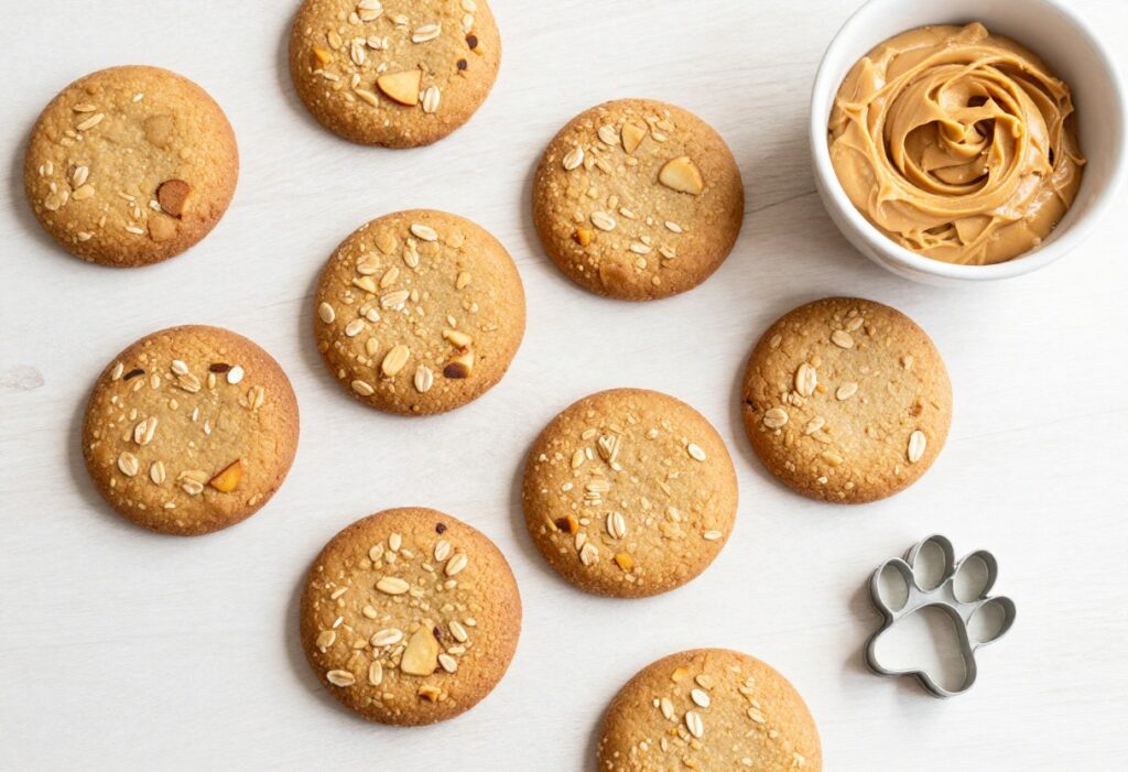 Homemade apple oat peanut butter dog treats on a wooden surface with peanut butter dip