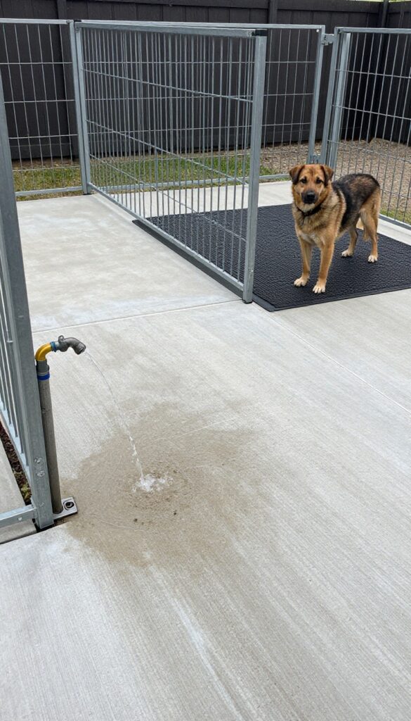 Concrete dog kennel pad with slope and hose access for easy cleaning