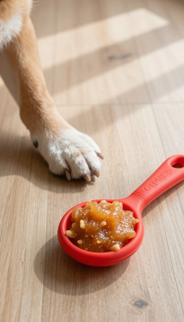 Dog paw next to a red Kong toy stuffed with applesauce and crushed dog biscuits on a wooden floor