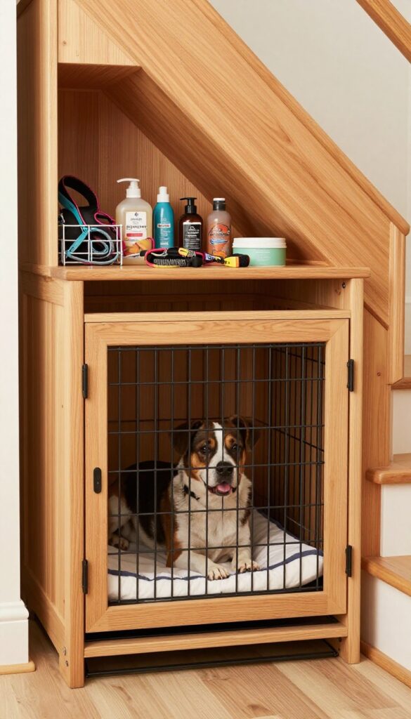Cozy crate nook under stairs with built-in storage for dog supplies