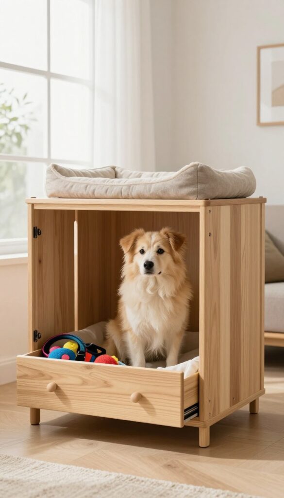 Dog crate with built-in storage drawers for supplies in a bright living room
