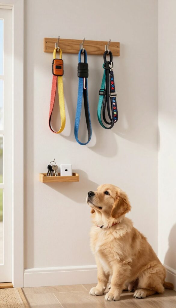 A tidy entryway with a leash and collar hook system, a tray with keys and poop bags, and a golden retriever puppy sitting nearby.