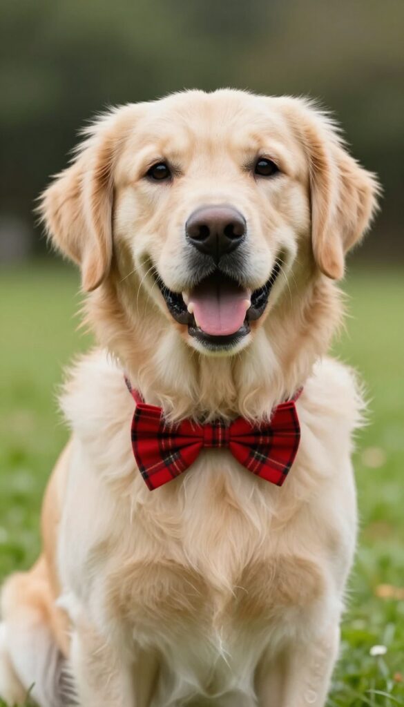 A golden retriever wearing a red plaid bow tie collar in a sunny field