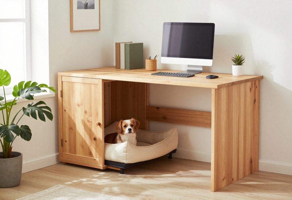 Dog crate desk combo in a home office with a dog peeking out