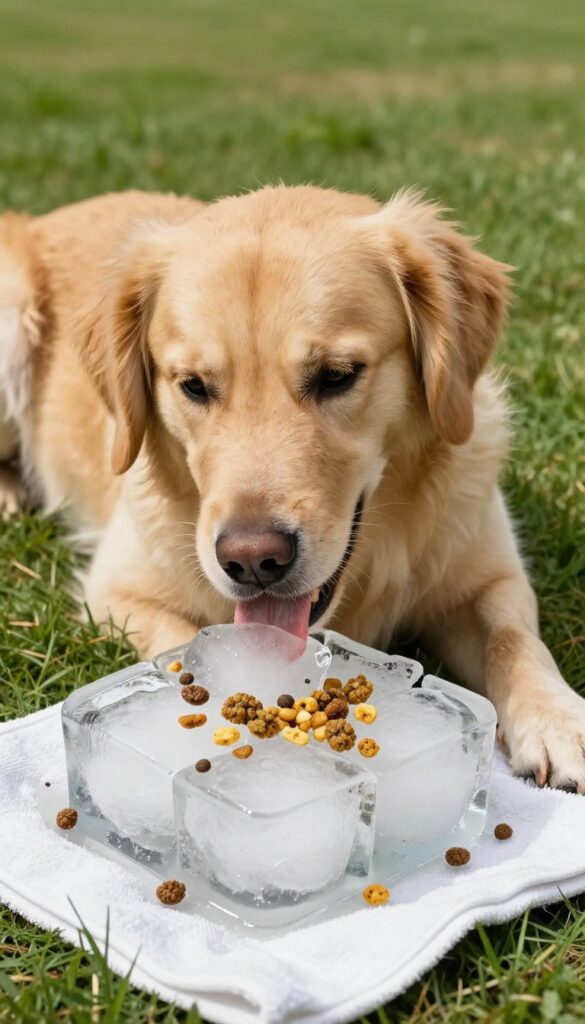 Golden retriever licking an ice block with treats frozen inside on a sunny lawn