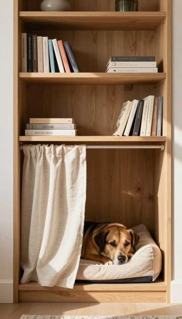 A dog resting in a built-in bookshelf kennel with a curtain, warm indoor setting