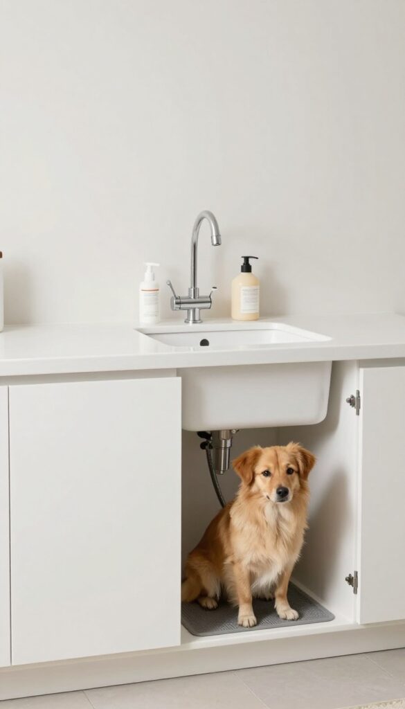 Utility room with countertop dog wash station with storage cabinets underneath