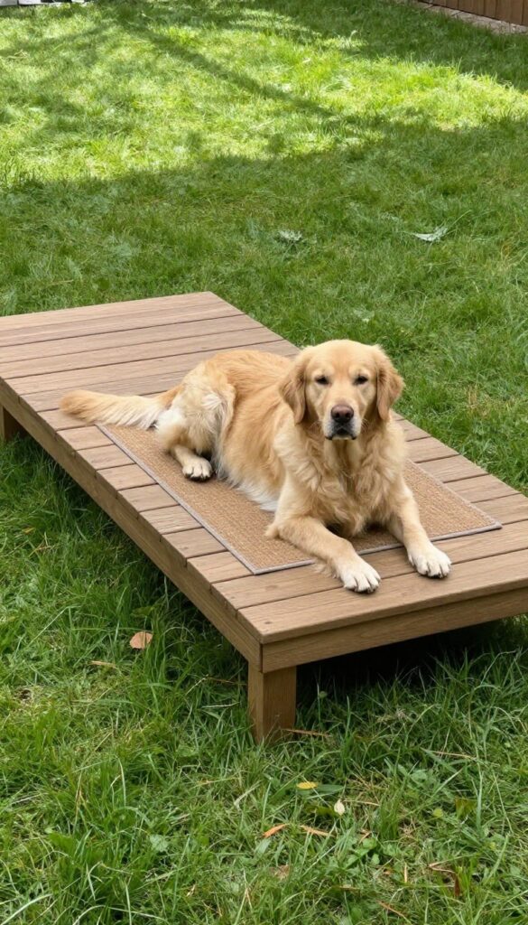 A raised wooden deck in a small side yard with a dog lounging on it, surrounded by grass and sunlight.