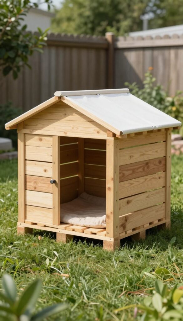DIY pallet dog kennel in a sunny backyard