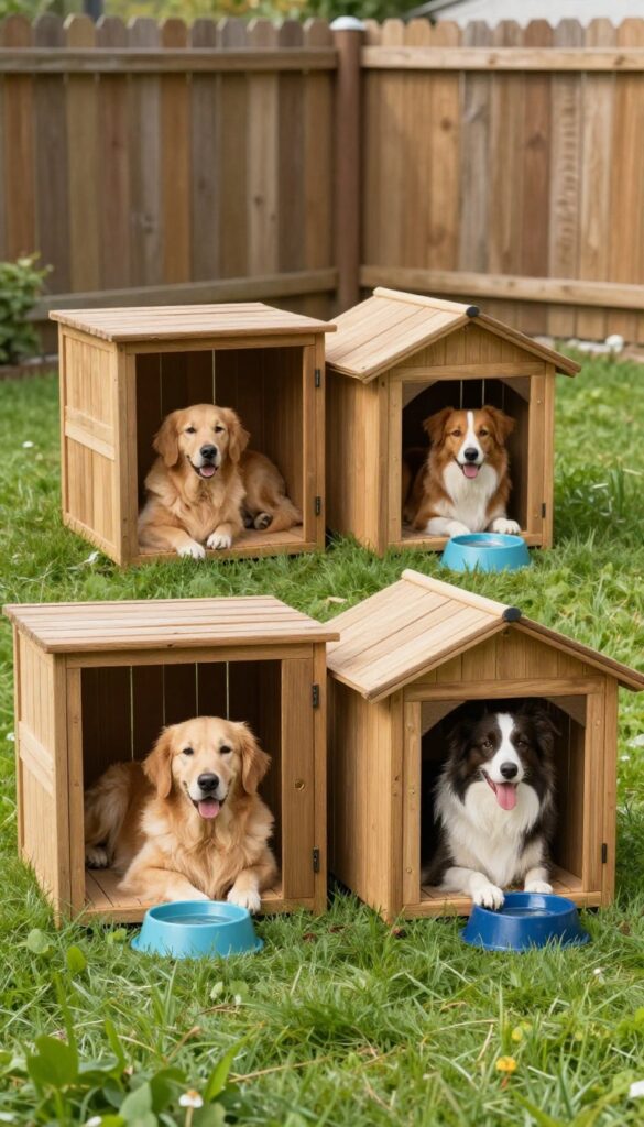 Multi-dog kennel with separate compartments in a sunny backyard