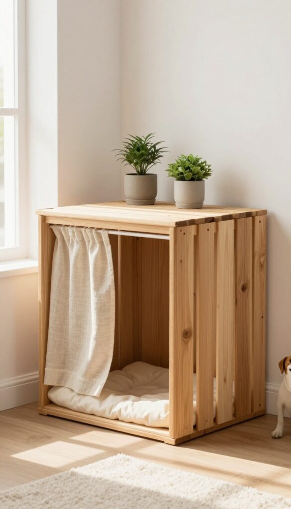 DIY wooden crate corner dog kennel with cushion and curtain in bright living room