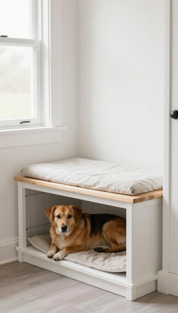 Built-in bench with dog crate underneath, cushion on top, dog resting inside, bright mudroom