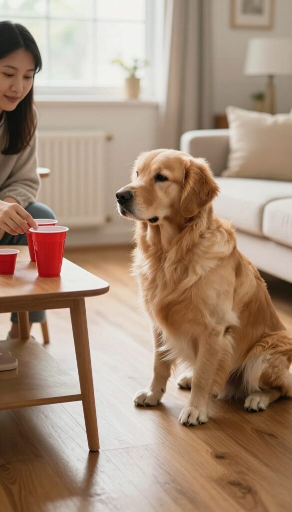 Dog playing cup shuffle game on coffee table with owner