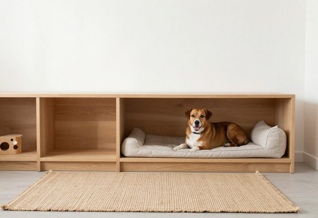 A cute and organized dog room featuring a built-in crate nook, washable rug, and cozy dog bed.