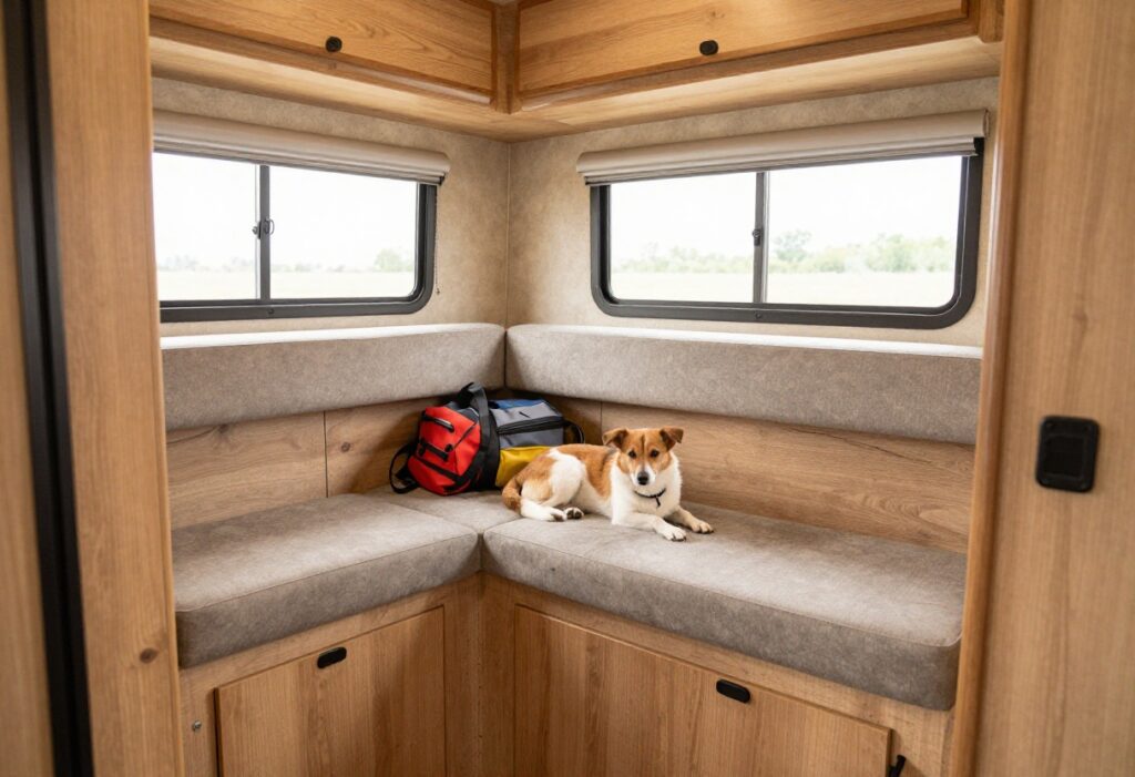 Small dog resting in a custom RV kennel under a bench seat with warm lighting and travel gear